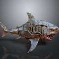 Mechanical Shark Sculpture With Steampunk Metal Gears Red Eyes And Open Mouth