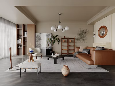 Modern Living Room Interior With Brown Sofa Wooden Bookshelves White Globe Chandelier And Round Mirror 3d model