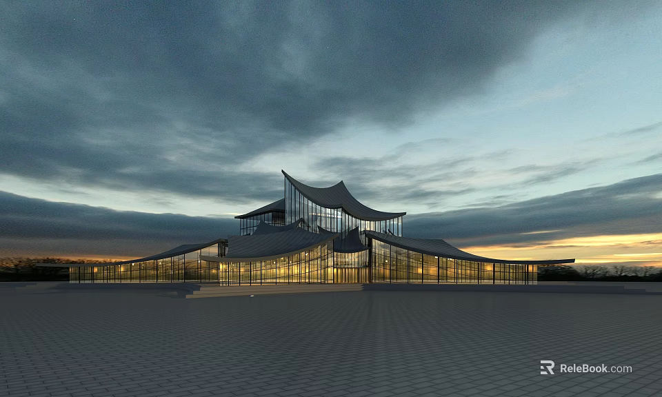 Modern Museum Building With Unique Curved Roof And Glass Facade At Dusk 3d model 