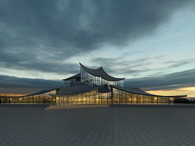 Modern Museum Building With Unique Curved Roof And Glass Facade At Dusk 3d model