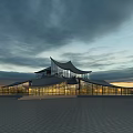 Modern Museum Building With Unique Curved Roof And Glass Facade At Dusk