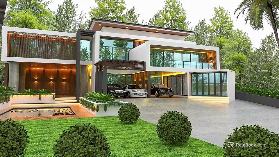 Modern Detached Villa Exterior With Large Glass Windows Garage And Green Lawn 3d model 