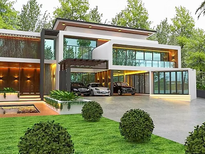 Modern Detached Villa Exterior With Large Glass Windows Garage And Green Lawn 3d model