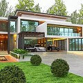 Modern Detached Villa Exterior With Large Glass Windows Garage And Green Lawn