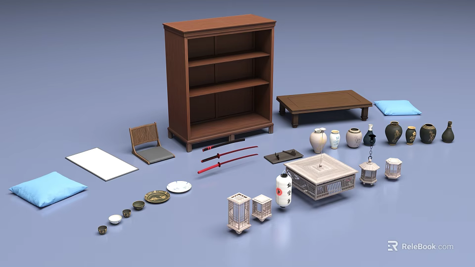 Public Facility Interior With Brown Bookshelf Bench Tea Sets Bowls And Tableware Items 3d model 