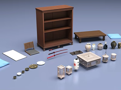 Public Facility Interior With Brown Bookshelf Bench Tea Sets Bowls And Tableware Items 3d model