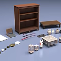 Public Facility Interior With Brown Bookshelf Bench Tea Sets Bowls And Tableware Items 3d model