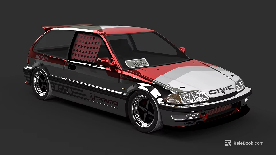 Modified Honda Civic With Red Silver Body Rear Spoiler Mesh Windows And Black Wheels 3d model 