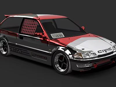 Modified Honda Civic With Red Silver Body Rear Spoiler Mesh Windows And Black Wheels 3d model