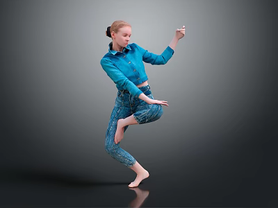 Woman In Blue Shirt And Patterned Pants Dancing On One Leg Holding Object Gray Background 3d model