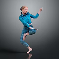 Woman In Blue Shirt And Patterned Pants Dancing On One Leg Holding Object Gray Background