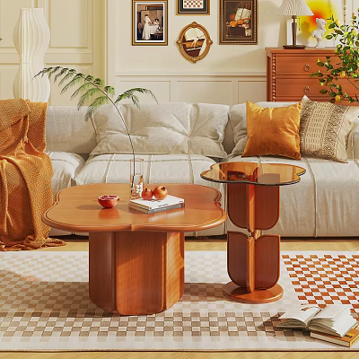 Two Wooden Coffee Tables Round Floral Base and Glass Top in Cozy Living Room 3d model