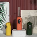 Colorful Daily Use Appliances on White Marble Countertop with Red Striped Wall and Green Plants