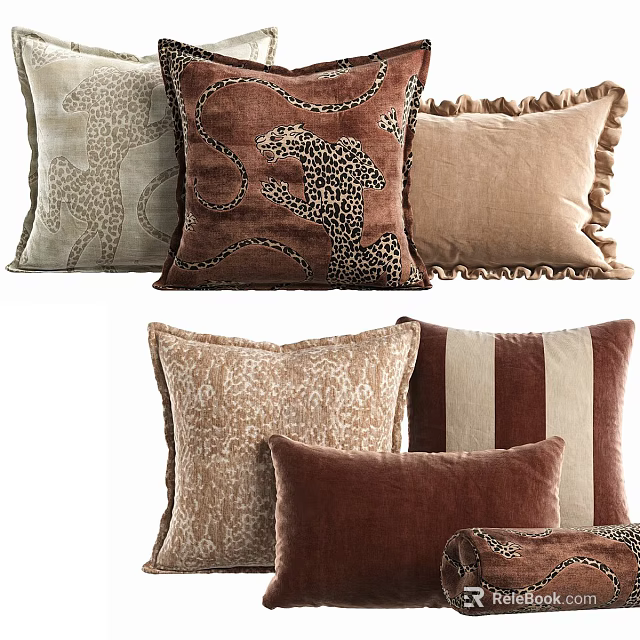 Assorted Brown Beige Leopard Print Striped Velvet Pillows With Ruffled Edges 3d model 