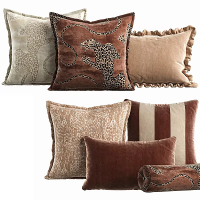 Assorted Brown Beige Leopard Print Striped Velvet Pillows With Ruffled Edges 3d model