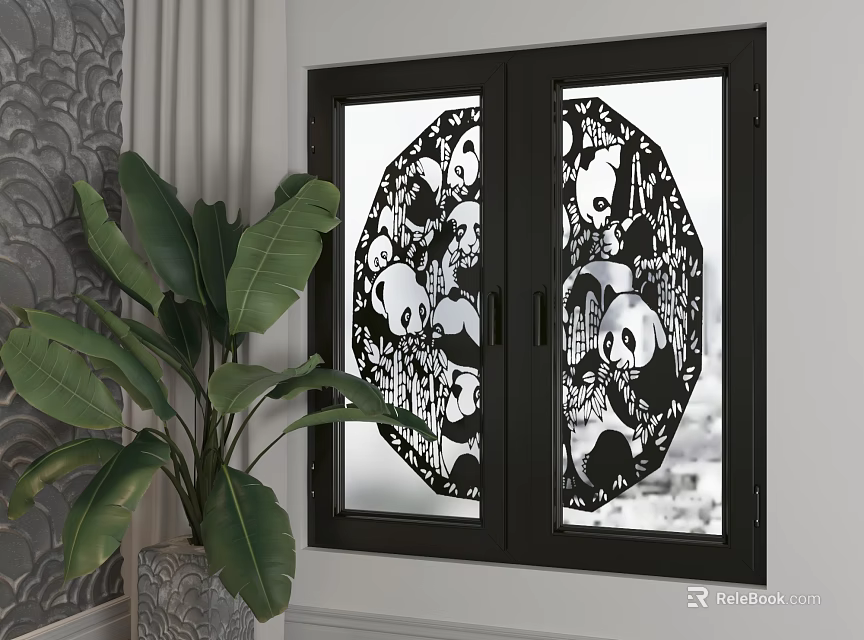 Decorative Casement Windows With Panda Patterns Intricate Cutout Design And Black Frame 3d model 