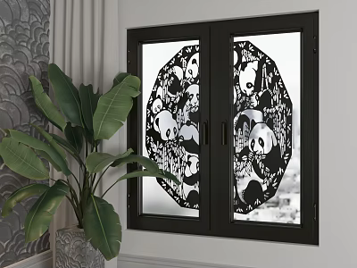 Decorative Casement Windows With Panda Patterns Intricate Cutout Design And Black Frame 3d model