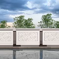 Modern Outdoor Feature Wall Design With Geometric Tile Pattern Water Reflection And Green Trees 3d model