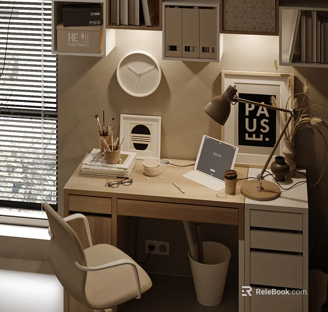 Modern Home Office Desk With Laptop Desk Lamp Stationery Wall Clock And Framed Art 3d model 