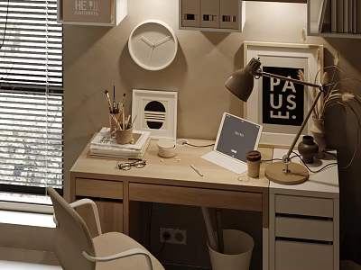 Modern Home Office Desk With Laptop Desk Lamp Stationery Wall Clock And Framed Art 3d model