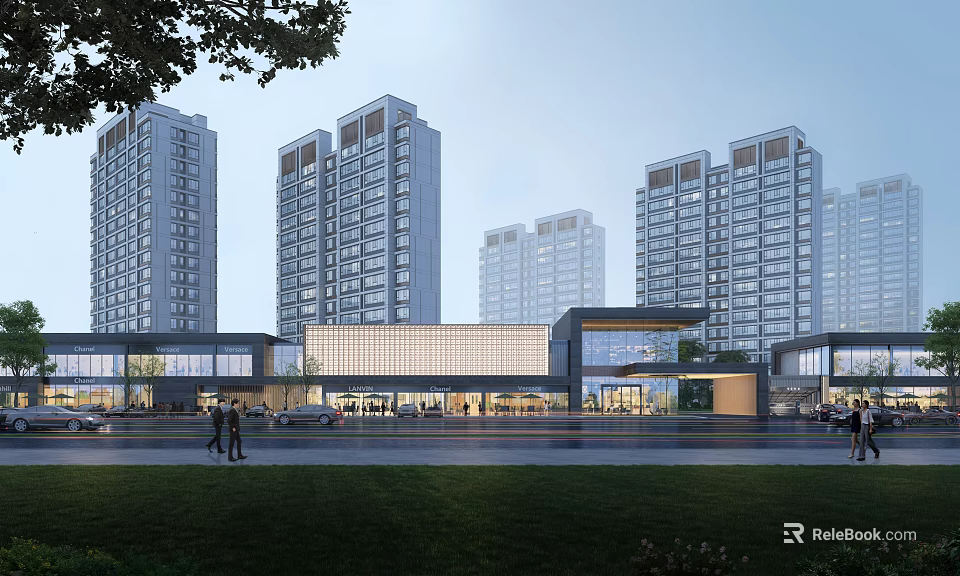 Modern Commercial Street With High Rise Buildings Pedestrians And Shopping Areas 3d model 