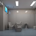 Public Restroom Interior With Multiple Stalls Blue Walls And Gray Doors