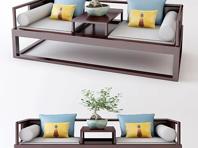 Wooden Frame Luohan Bed With Yellow And Blue Cushions Small Coffee Table And Decorative Plant 3d model