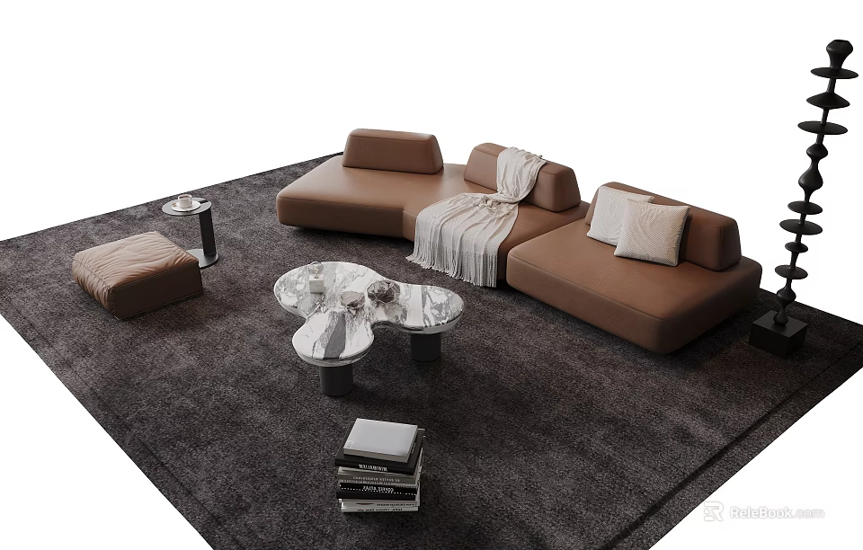 Modern Upholstered Sofa and Glass Coffee Table Set With Throw Blanket Cushions and Ottoman 3d model 