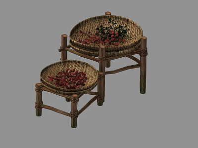 Wicker Garden Decor With Wooden Stands Different Sizes Red Berries And Green Foliage 3d model