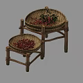 Wicker Garden Decor With Wooden Stands Different Sizes Red Berries And Green Foliage