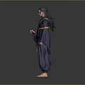 Game Movie Character In Traditional Dark Blue Robe With Green Yellow Accents Holding Scroll Barefoot