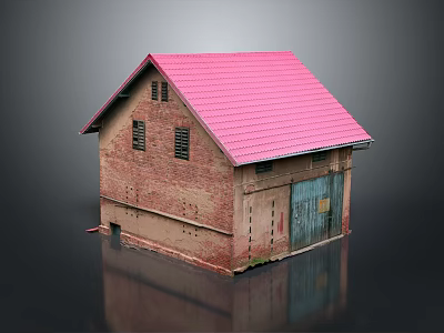 Traditional Red Brick Building With Pink Tiled Roof Windows And Blue Wooden Door 3d model