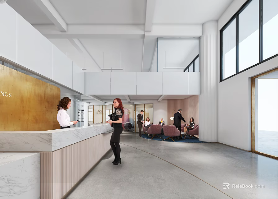 Modern Reception Area Interior With Stylish Desk Receptionist Waiting Seating And Large Windows 3d model 