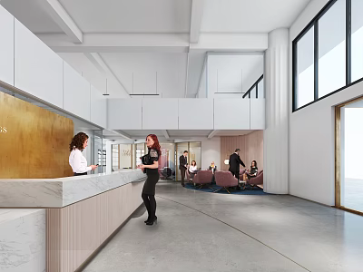 Modern Reception Area Interior With Stylish Desk Receptionist Waiting Seating And Large Windows 3d model