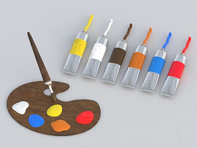 Artistic Living Supplies With Wooden Palette Paintbrush And Colorful Paint Tubes 3d model