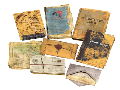 Vintage Books and Magazines Collection with Yellowed Pages Worn Covers Scrolls and Envelopes 3d model