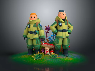 Two Characters In Green Uniforms Standing With Colorful Mushrooms And Plants 3d model