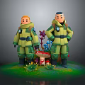 Two Characters In Green Uniforms Standing With Colorful Mushrooms And Plants