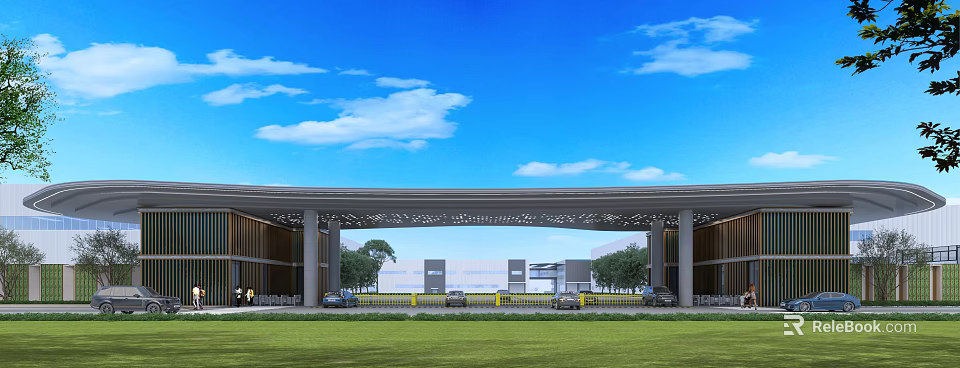 Modern Entrance Gate Featuring Perforated Roof Columns Green Lawn And Blue Sky 3d model 