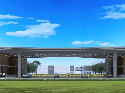Modern Entrance Gate Featuring Perforated Roof Columns Green Lawn And Blue Sky 3d model