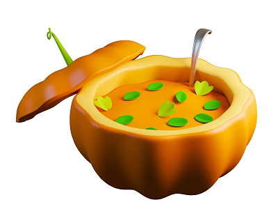 Pumpkin Shaped Art Installation Container With Open Lid Soup Green Leaf Decorations And Silver Spoon 3d model