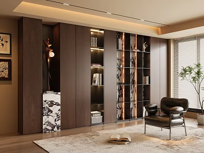 Modern Dark Wood Bookshelf In Living Room With Books Chair Plant And Decorations 3d model