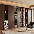 Modern Dark Wood Bookshelf In Living Room With Books Chair Plant And Decorations