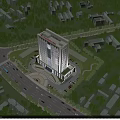 Modern Commercial Complex Tall Building Surrounded by Roads Greenery and Central Plaza Entrance