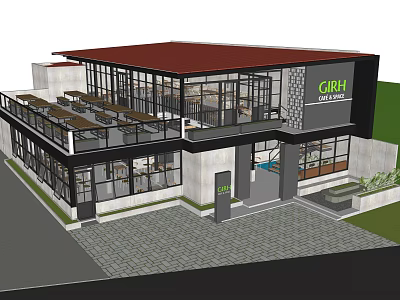 GIRH Building Exterior With Red Roof Glass Windows Terrace Tables And Green Plants 3d model