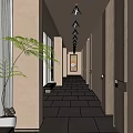 Minimalist Hotel Corridor Interior With Soft Lighting Wooden Walls And Potted Green Plants