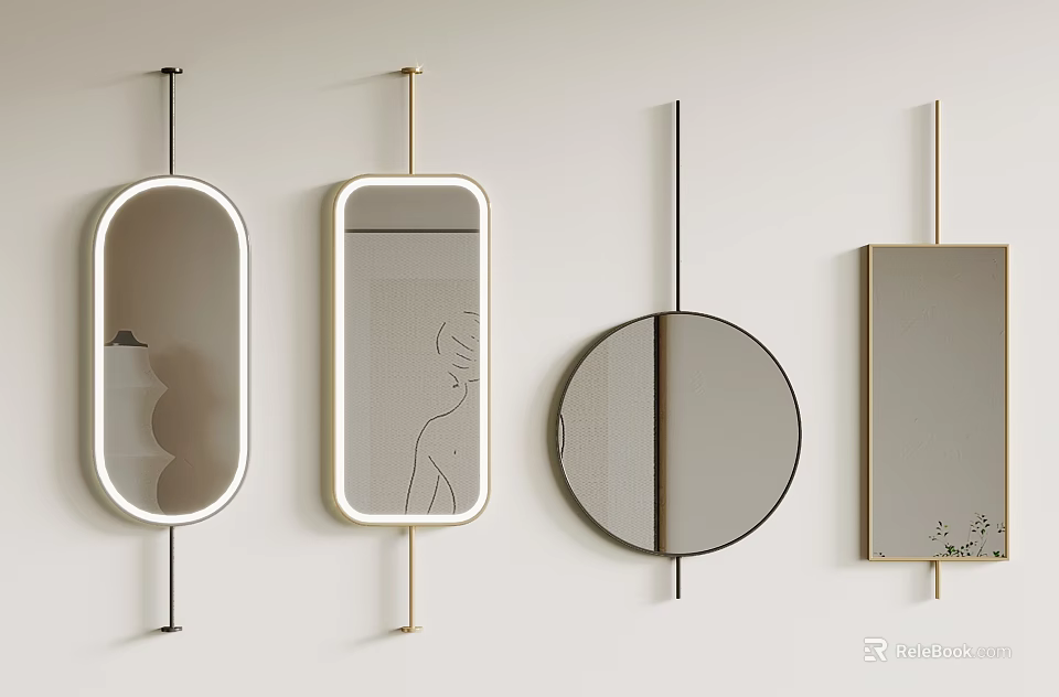 Elegant Modern Decorative Mirrors With Four Different Shapes Wall Mounted 3d model 