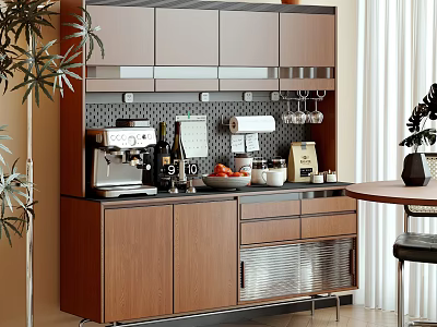Elegant Modern Wooden Sideboard With Coffee Machine Fruits And Cups On Countertop 3d model