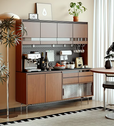 Elegant Modern Wooden Sideboard With Coffee Machine Fruits And Cups On Countertop 3d model