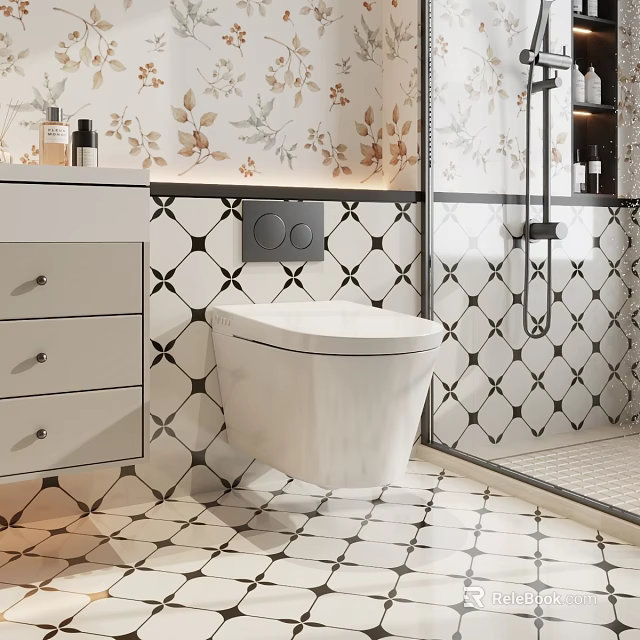 Modern Wall Hung Toilet in Bathroom with Black White Mosaic Tiles Floral Wallpaper and Vanity 3d model 